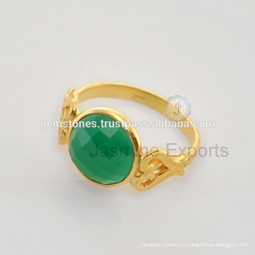 Natural Green Onyx Gemstone Bezel Ring, Atacado 925 Sterling Silver Vermeil Gold Bezel Ring Jewelry